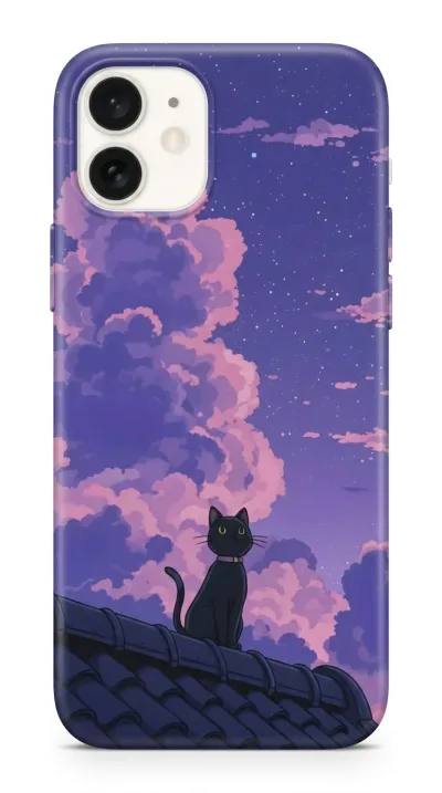 iPhone 11 Kılıf - Mor Gökyüzü Çatıdaki Kedi featured