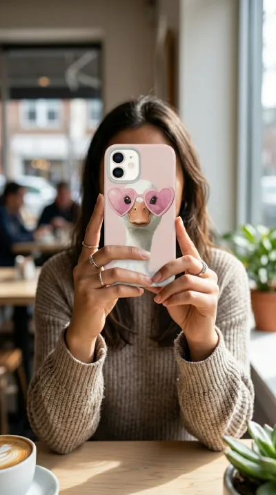 iPhone 12 Kılıf - Pembe Gözlüklü Ördek Çizim gallery 1