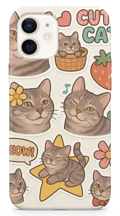 iPhone 12 Kılıf - Sevimli Kedi Sticker Deseni featured