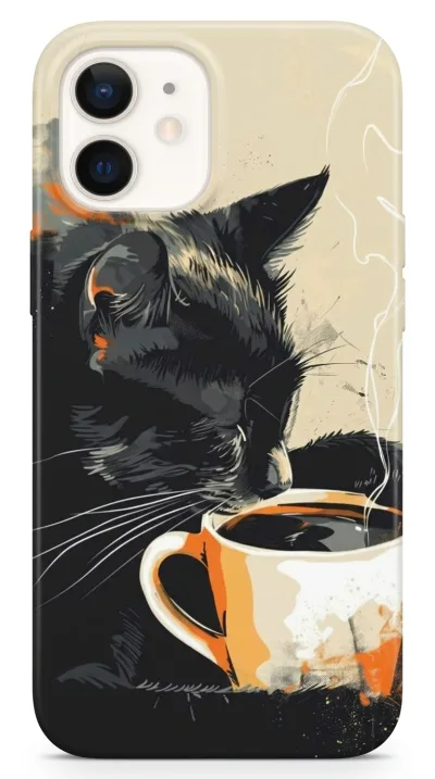 iPhone 12 Mini Kılıf - Kahve İçen Siyah Kedi featured