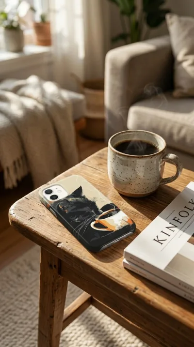 iPhone 12 Mini Kılıf - Kahve İçen Siyah Kedi gallery 1