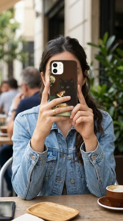 iPhone 12 Mini Kılıf - Pizza Yiyen Siyah Yavru Kedi gallery 1