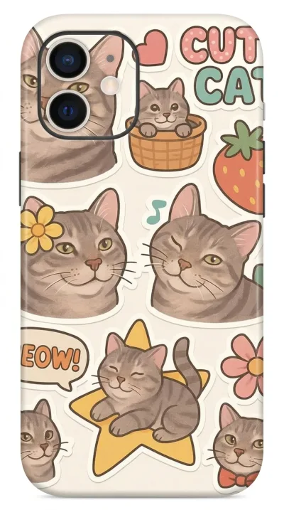 iPhone 12 Mini Kılıf - Sevimli Kedi Sticker Deseni featured