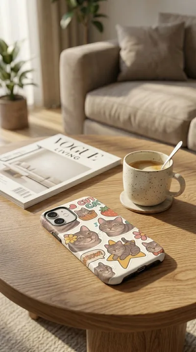 iPhone 12 Mini Kılıf - Sevimli Kedi Sticker Deseni gallery 1