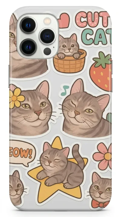 iPhone 12 Pro Kılıf - Sevimli Kedi Sticker Deseni featured