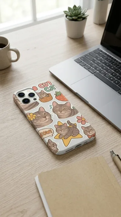 iPhone 12 Pro Kılıf - Sevimli Kedi Sticker Deseni gallery 1
