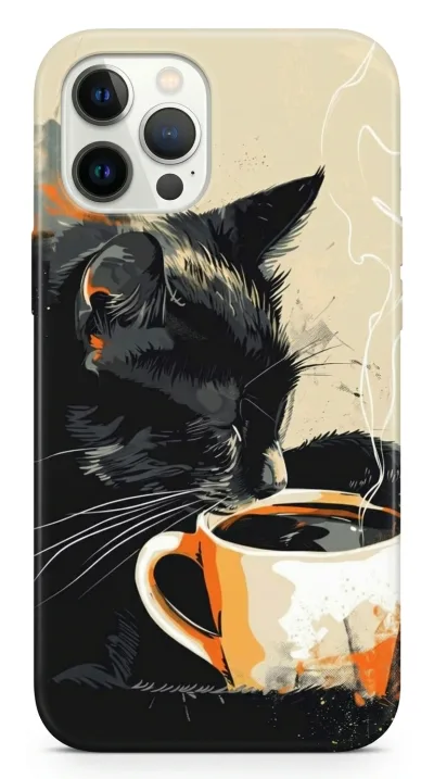 iPhone 12 Pro Max Kılıf - Kahve İçen Siyah Kedi featured