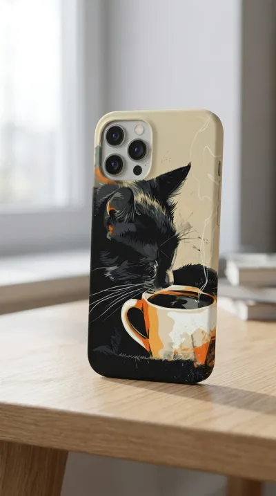 iPhone 12 Pro Max Kılıf - Kahve İçen Siyah Kedi gallery 1