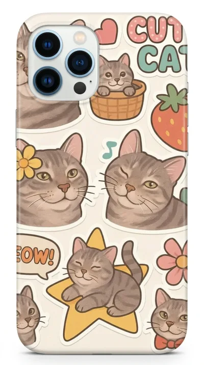 iPhone 12 Pro Max Kılıf - Sevimli Kedi Sticker Deseni featured