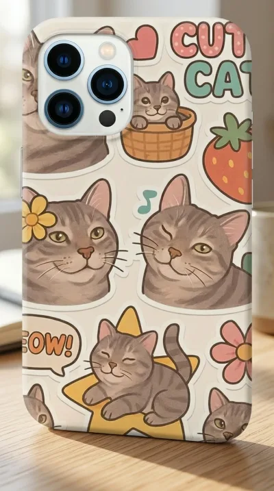 iPhone 12 Pro Max Kılıf - Sevimli Kedi Sticker Deseni gallery 1