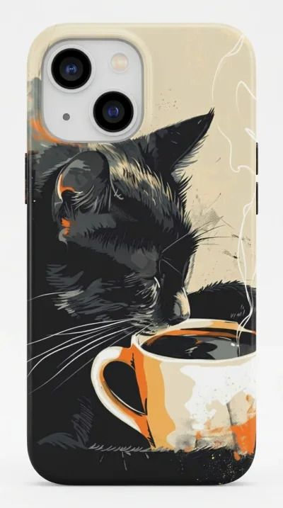 iPhone 13 Kılıf - Kahve İçen Siyah Kedi featured