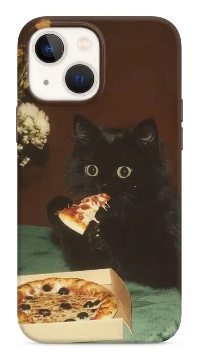 iPhone 13 Kılıf - Pizza Yiyen Siyah Yavru Kedi featured