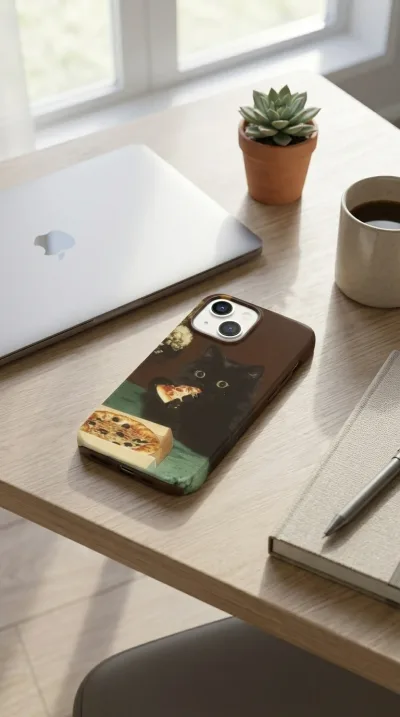 iPhone 13 Kılıf - Pizza Yiyen Siyah Yavru Kedi gallery 1