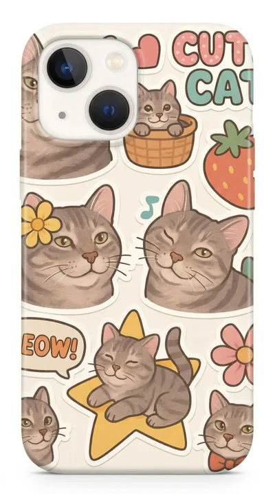 iPhone 13 Kılıf - Sevimli Kedi Sticker Deseni featured