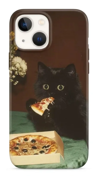 iPhone 13 Mini Kılıf - Pizza Yiyen Siyah Yavru Kedi featured