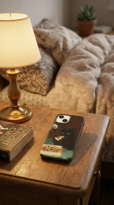 iPhone 13 Mini Kılıf - Pizza Yiyen Siyah Yavru Kedi gallery 1