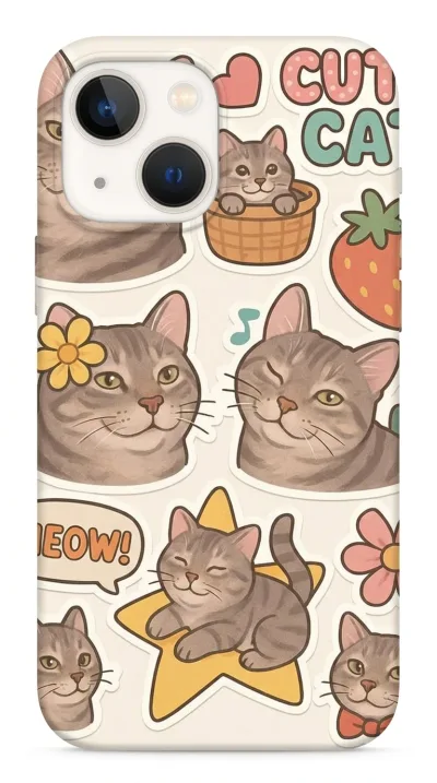 iPhone 13 Mini Kılıf - Sevimli Kedi Sticker Deseni featured