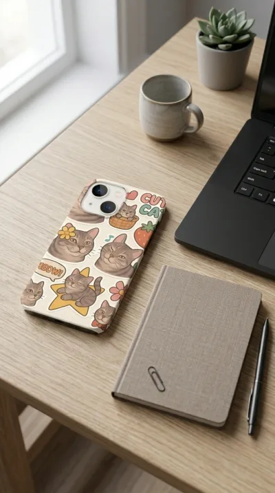 iPhone 13 Mini Kılıf - Sevimli Kedi Sticker Deseni gallery 1