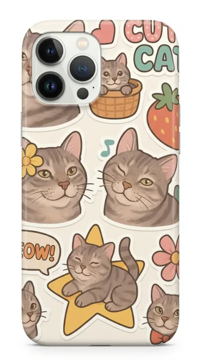 iPhone 13 Pro Kılıf - Sevimli Kedi Sticker Deseni featured