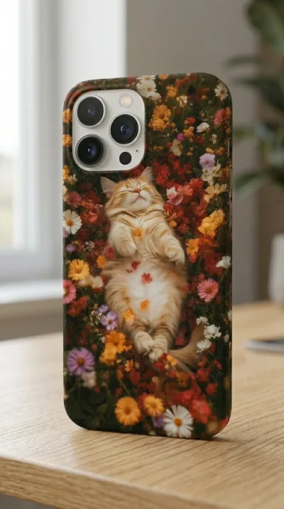iPhone 13 Pro Max Kılıf - Çiçek Bahçesinde Uyuyan Kedi gallery 1