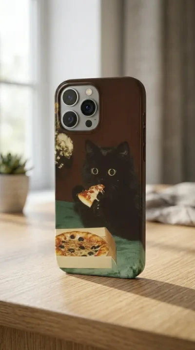 iPhone 13 Pro Max Kılıf - Pizza Yiyen Siyah Yavru Kedi gallery 1