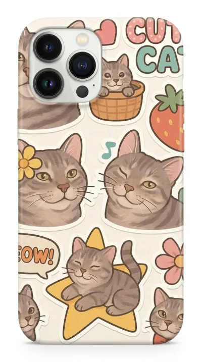 iPhone 13 Pro Max Kılıf - Sevimli Kedi Sticker Deseni featured