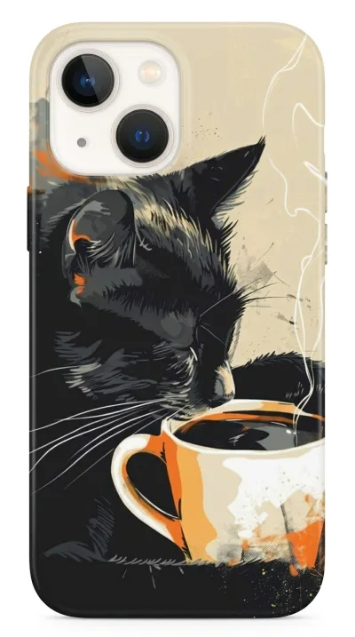 iPhone 14 Kılıf - Kahve İçen Siyah Kedi featured