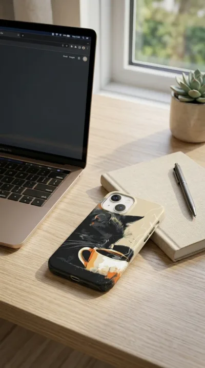 iPhone 14 Kılıf - Kahve İçen Siyah Kedi gallery 1