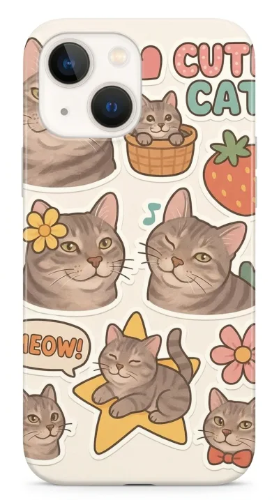 iPhone 14 Kılıf - Sevimli Kedi Sticker Deseni featured