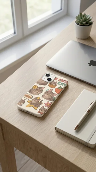 iPhone 14 Kılıf - Sevimli Kedi Sticker Deseni gallery 1