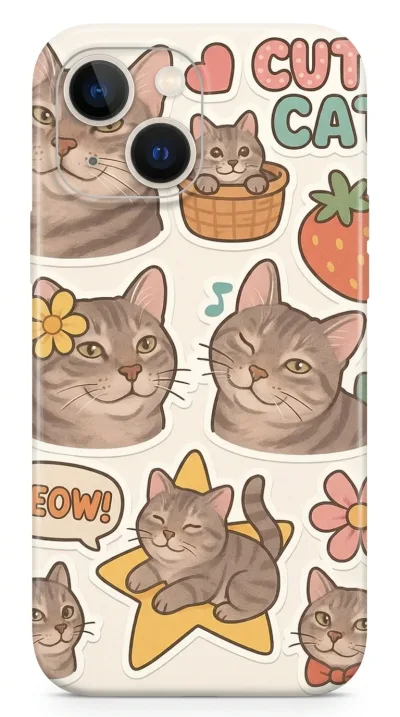 iPhone 14 Plus Kılıf - Sevimli Kedi Sticker Deseni featured