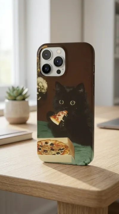 iPhone 14 Pro Kılıf - Pizza Yiyen Siyah Yavru Kedi gallery 1