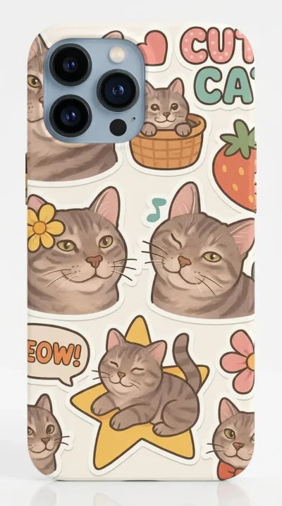 iPhone 14 Pro Kılıf - Sevimli Kedi Sticker Deseni featured