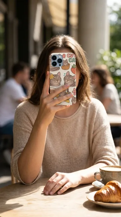 iPhone 14 Pro Kılıf - Sevimli Kedi Sticker Deseni gallery 1