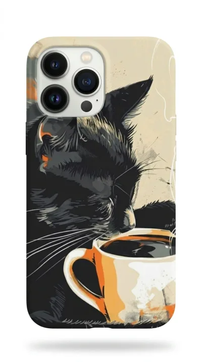 iPhone 14 Pro Max Kılıf - Kahve İçen Siyah Kedi featured