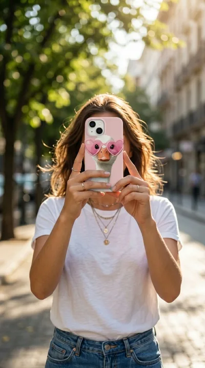 iPhone 15 Kılıf - Pembe Gözlüklü Ördek Çizim gallery 1