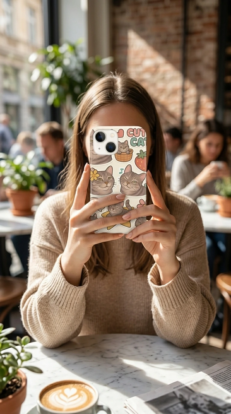 iPhone 15 Plus Kılıf - Sevimli Kedi Sticker Deseni gallery 1