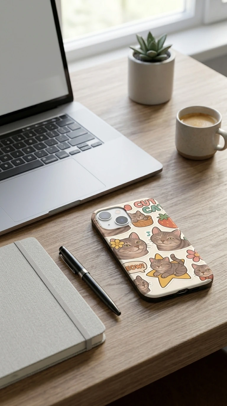 iPhone 15 Plus Kılıf - Sevimli Kedi Sticker Deseni gallery 2