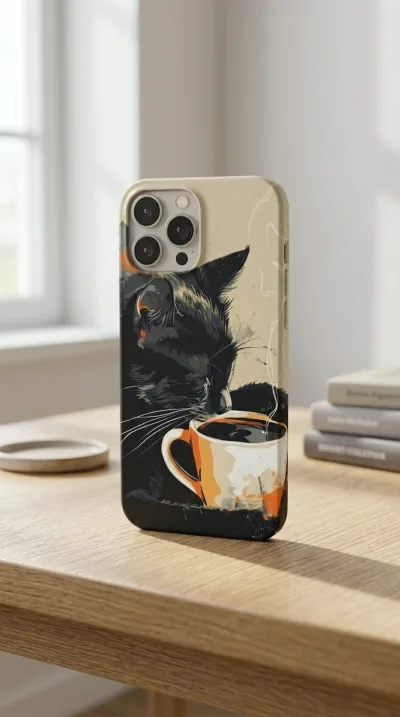 iPhone 15 Pro Kılıf - Kahve İçen Siyah Kedi gallery 1