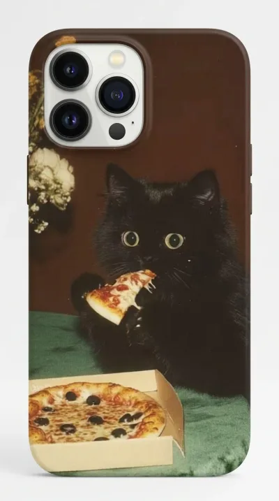 iPhone 15 Pro Kılıf - Pizza Yiyen Siyah Yavru Kedi featured