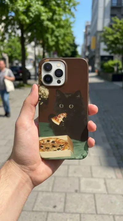 iPhone 15 Pro Kılıf - Pizza Yiyen Siyah Yavru Kedi gallery 1