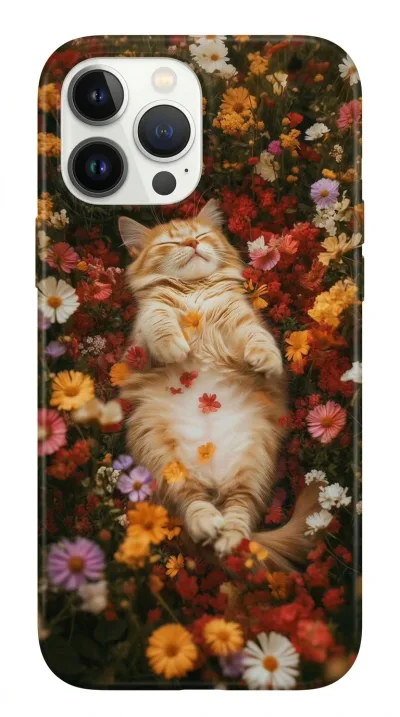 iPhone 15 Pro Max Kılıf - Çiçek Bahçesinde Uyuyan Kedi featured
