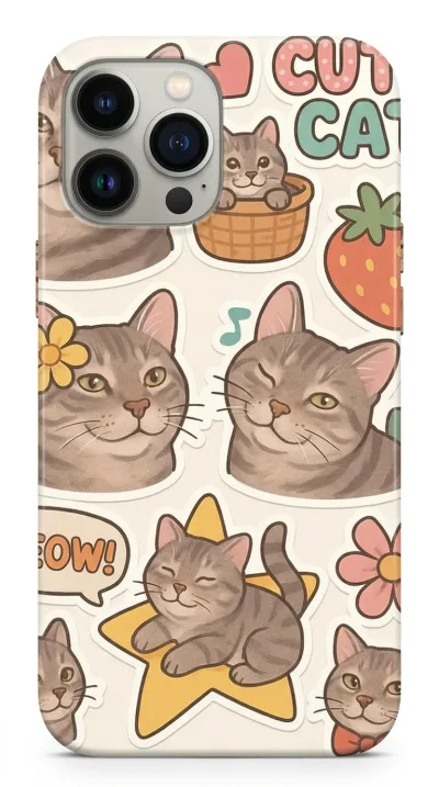 iPhone 15 Pro Max Kılıf - Sevimli Kedi Sticker Deseni featured