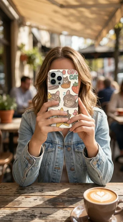 iPhone 15 Pro Max Kılıf - Sevimli Kedi Sticker Deseni gallery 1