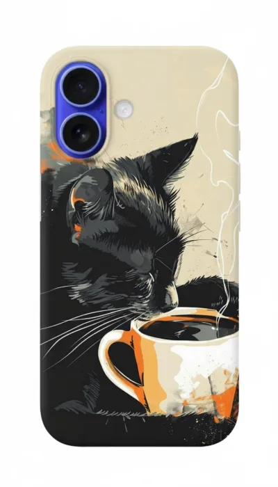 iPhone 16 Plus Kılıf - Kahve İçen Siyah Kedi featured
