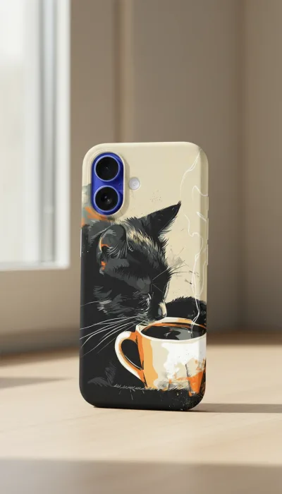 iPhone 16 Plus Kılıf - Kahve İçen Siyah Kedi gallery 1
