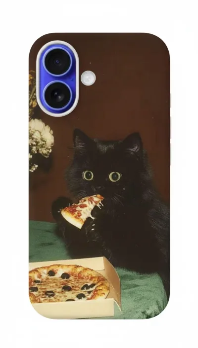 iPhone 16 Plus Kılıf - Pizza Yiyen Siyah Yavru Kedi featured