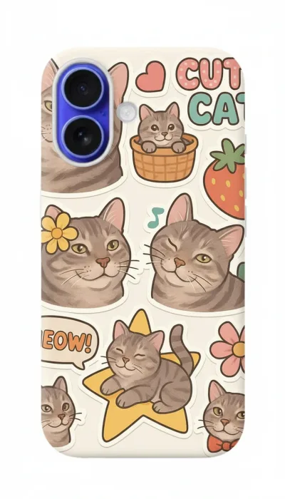 iPhone 16 Plus Kılıf - Sevimli Kedi Sticker Deseni featured