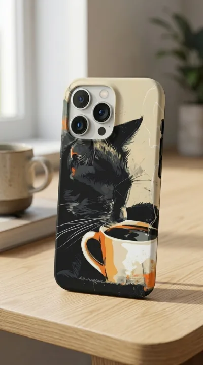 iPhone 16 Pro Kılıf - Kahve İçen Siyah Kedi gallery 1