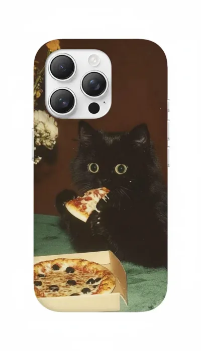 iPhone 16 Pro Max Kılıf - Pizza Yiyen Siyah Yavru Kedi featured